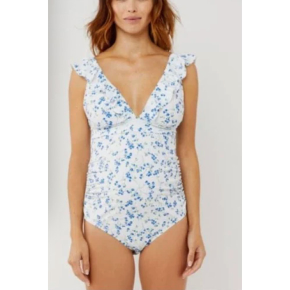 NWT A Pea In The Pod One Piece Swimsuit, Ruffle Strap, Lace Up Back, Floral, M - Picture 1 of 9